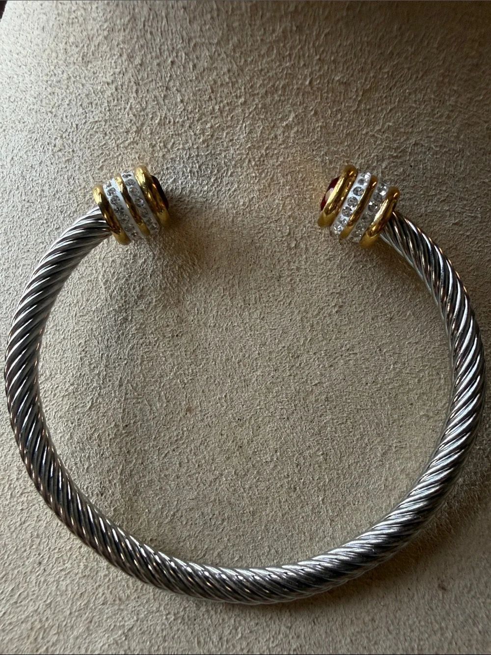 Silver-Tone Twisted Cable Open Cuff Bracelet with Gold Accents and Red Crystals